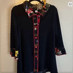 Floral Trim Black Women's Top